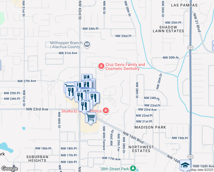 map of restaurants, bars, coffee shops, grocery stores, and more near 3924 Northwest 25th Circle in Gainesville