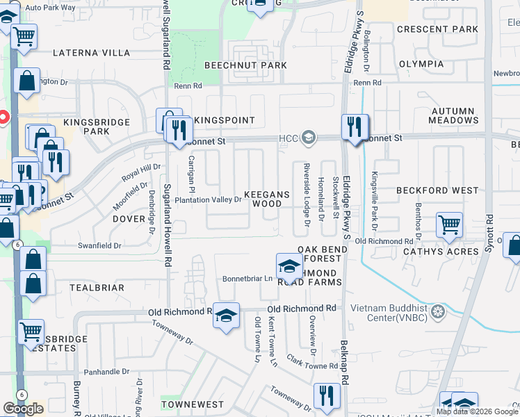 map of restaurants, bars, coffee shops, grocery stores, and more near 9503 Clipperwood Place in Houston