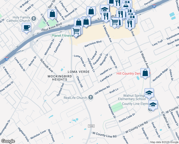 map of restaurants, bars, coffee shops, grocery stores, and more near 1177 Loma Verde Drive in New Braunfels