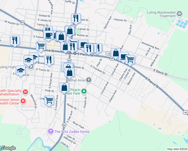 map of restaurants, bars, coffee shops, grocery stores, and more near 926 East Bowie Street in Luling