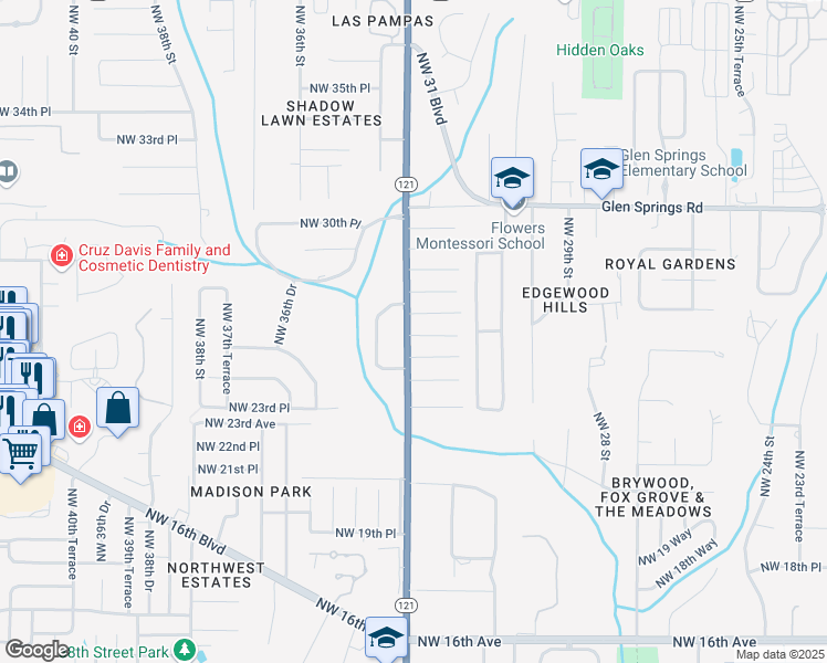 map of restaurants, bars, coffee shops, grocery stores, and more near 2618 Florida 121 in Gainesville