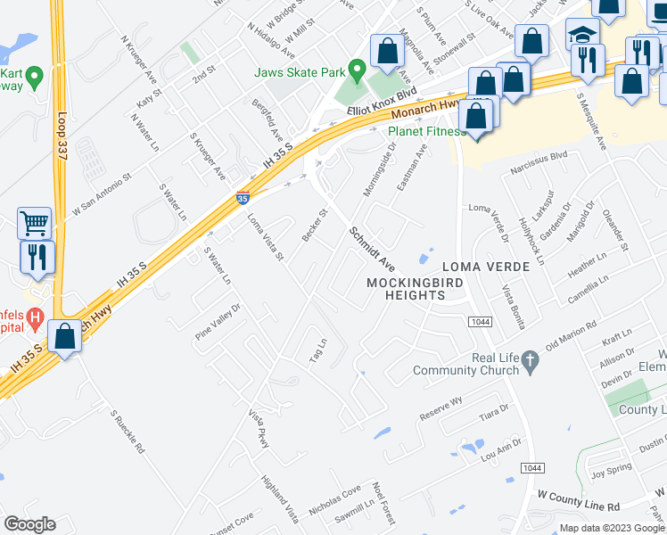 map of restaurants, bars, coffee shops, grocery stores, and more near 2736 Scarlet Tanger in New Braunfels