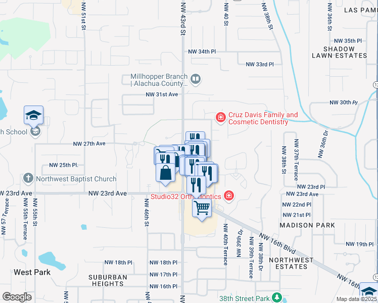 map of restaurants, bars, coffee shops, grocery stores, and more near 2627 Northwest 43rd Street in Gainesville