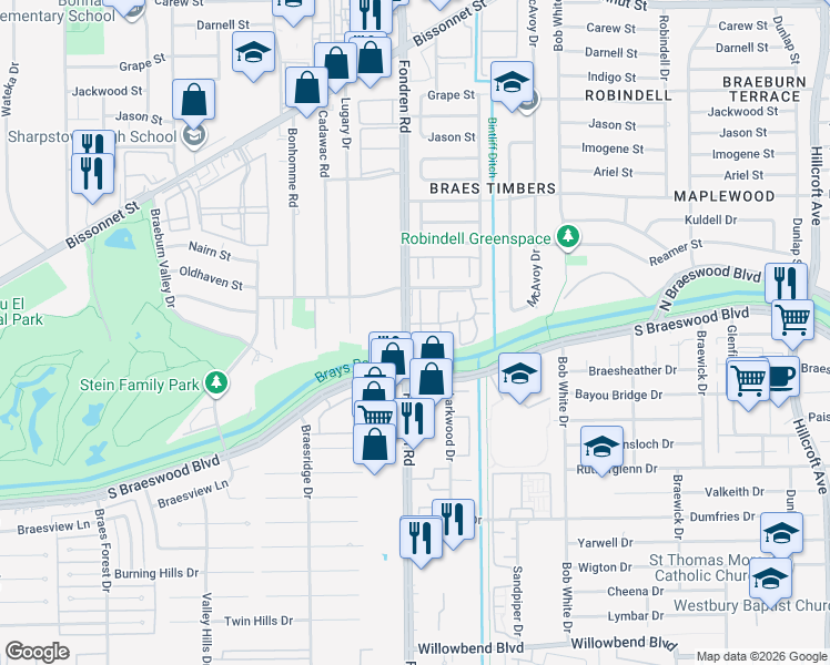 map of restaurants, bars, coffee shops, grocery stores, and more near 6637 Wanda Lane in Houston