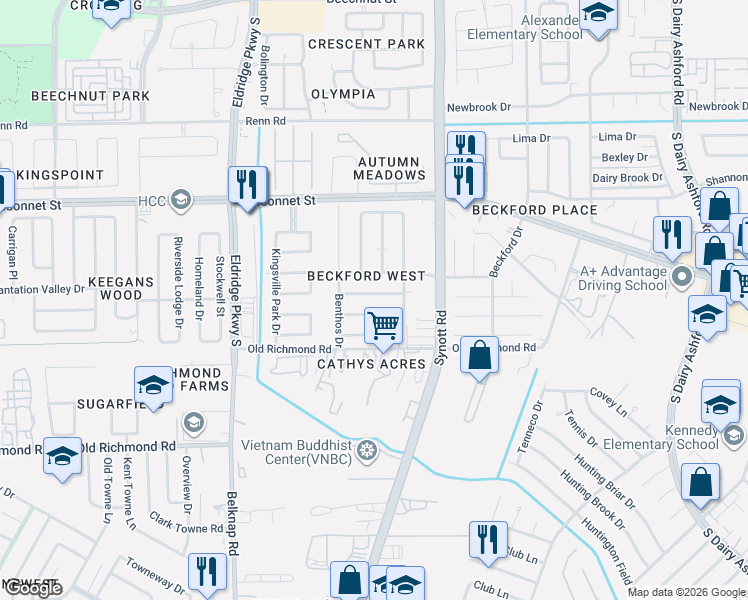 map of restaurants, bars, coffee shops, grocery stores, and more near 13306 Benford Drive in Houston