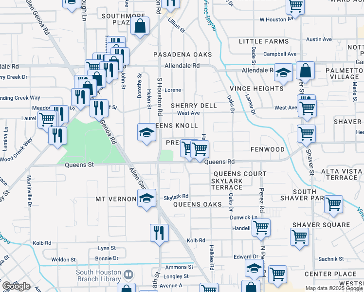 map of restaurants, bars, coffee shops, grocery stores, and more near 2301 South Houston Road in Pasadena