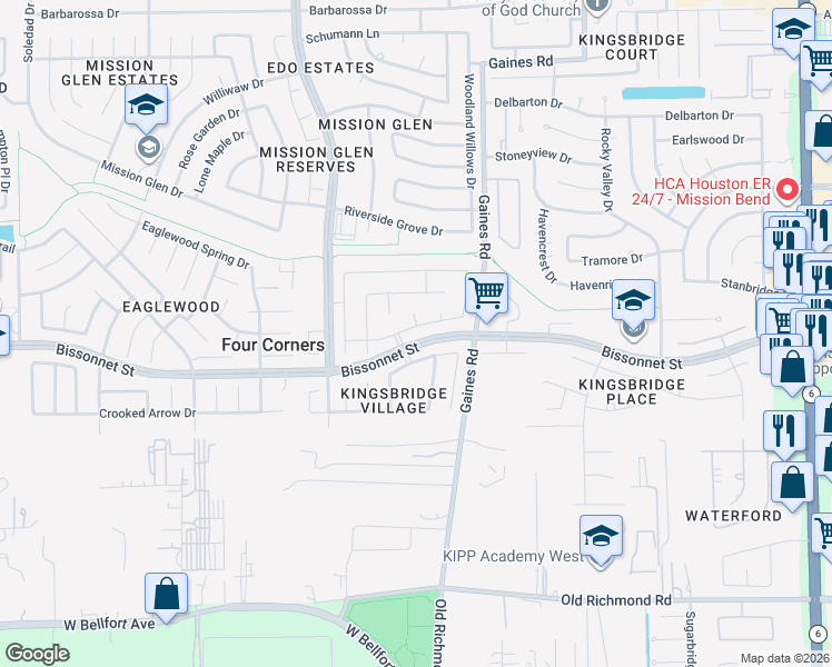 map of restaurants, bars, coffee shops, grocery stores, and more near 15235 Kendale Drive in Houston