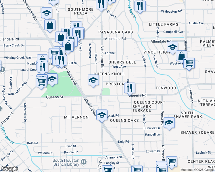 map of restaurants, bars, coffee shops, grocery stores, and more near 2301 South Houston Road in Pasadena
