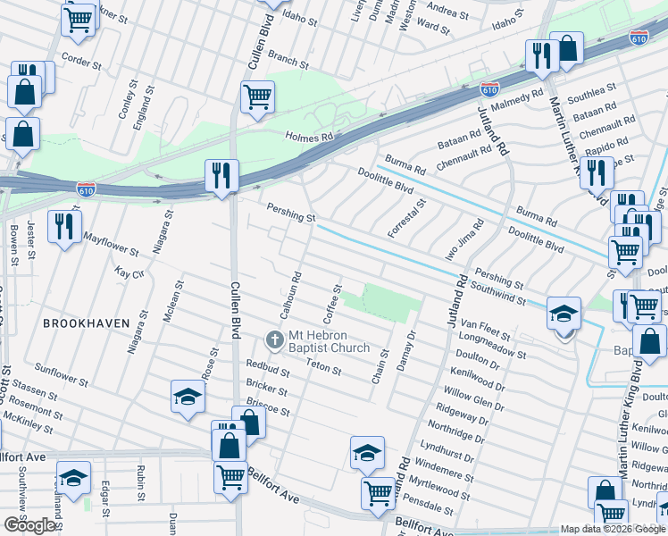 map of restaurants, bars, coffee shops, grocery stores, and more near 4841 Van Fleet Street in Houston