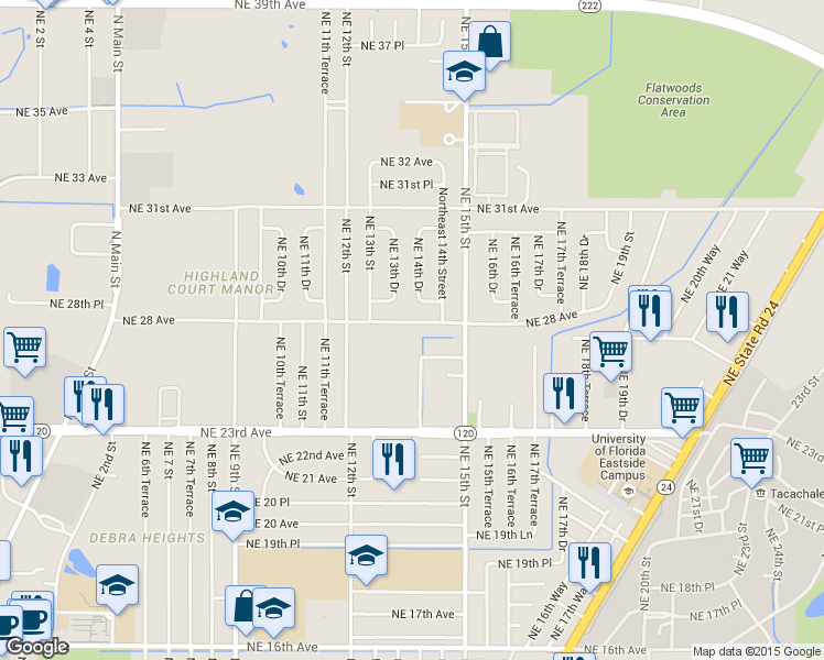 map of restaurants, bars, coffee shops, grocery stores, and more near 1343 Northeast 28 Avenue in Gainesville