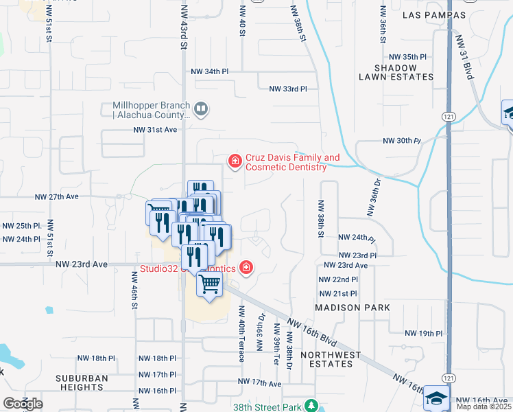 map of restaurants, bars, coffee shops, grocery stores, and more near 3924 Northwest 25th Circle in Gainesville