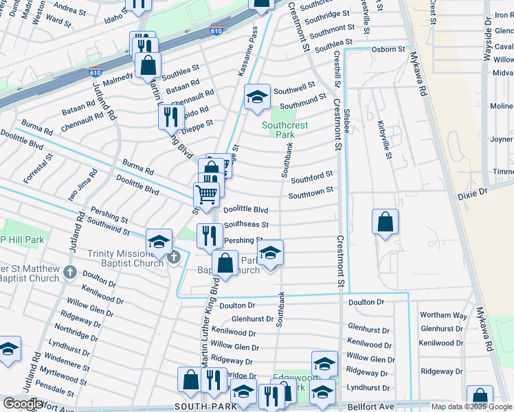 map of restaurants, bars, coffee shops, grocery stores, and more near 5811 Doolittle Boulevard in Houston