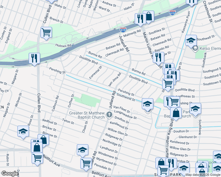 map of restaurants, bars, coffee shops, grocery stores, and more near 5038 Pershing Street in Houston