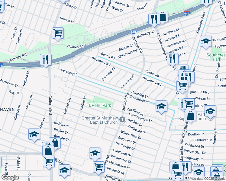 map of restaurants, bars, coffee shops, grocery stores, and more near 5021 Southwind Street in Houston