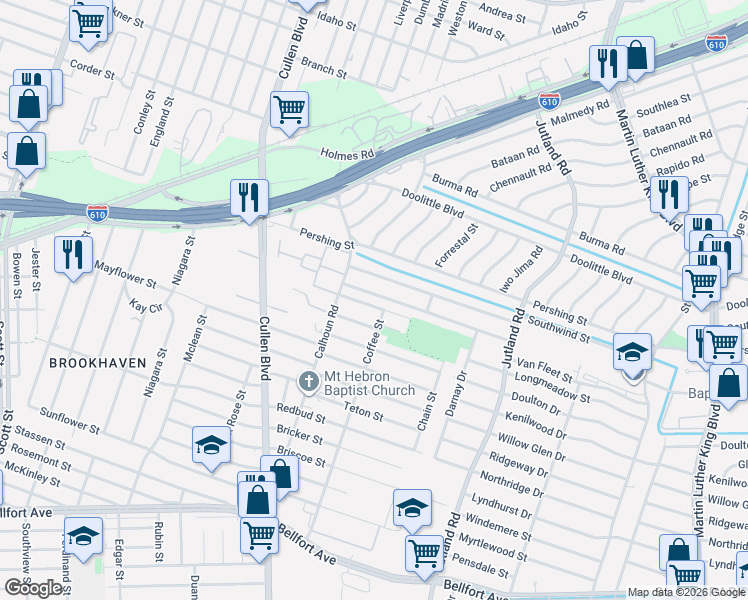 map of restaurants, bars, coffee shops, grocery stores, and more near 4841 Van Fleet Street in Houston