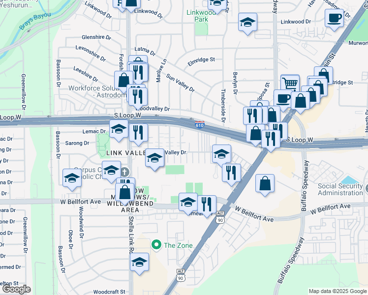 map of restaurants, bars, coffee shops, grocery stores, and more near 3558 Link Valley Drive in Houston