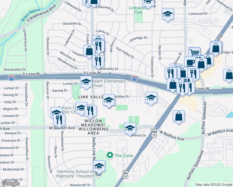map of restaurants, bars, coffee shops, grocery stores, and more near 9713 Riddlewood Lane in Houston