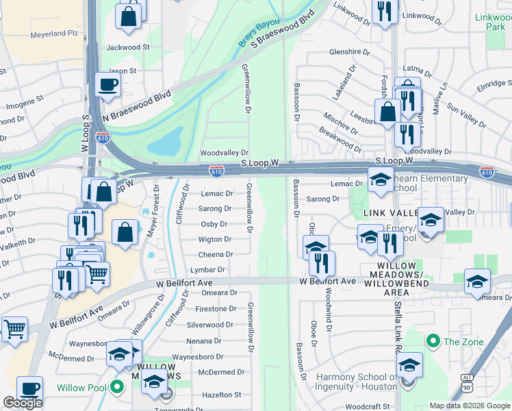 map of restaurants, bars, coffee shops, grocery stores, and more near 9711 Greenwillow Street in Houston