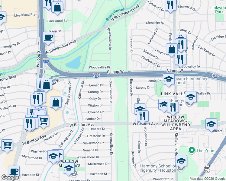 map of restaurants, bars, coffee shops, grocery stores, and more near 4306 Sarong Drive in Houston