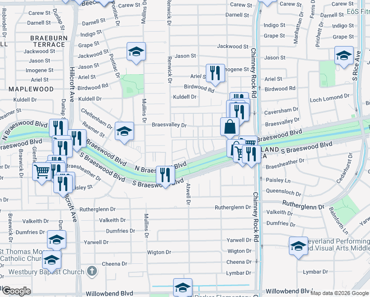 map of restaurants, bars, coffee shops, grocery stores, and more near 5500 North Braeswood Boulevard in Houston