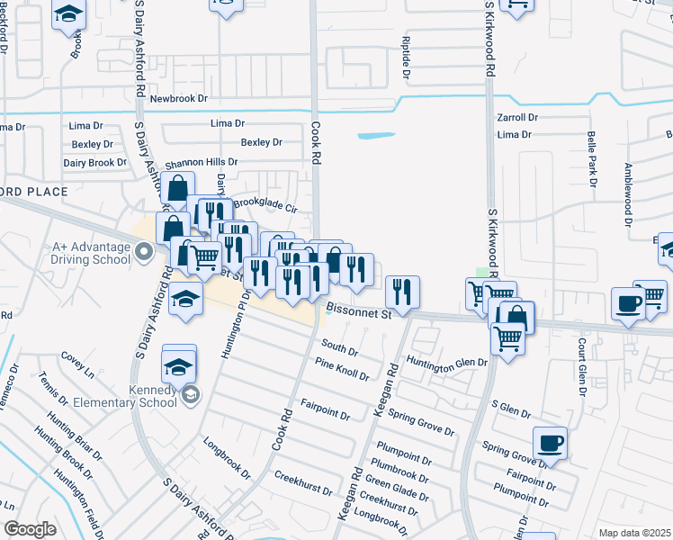 map of restaurants, bars, coffee shops, grocery stores, and more near 9400 Coventry Square Drive in Houston
