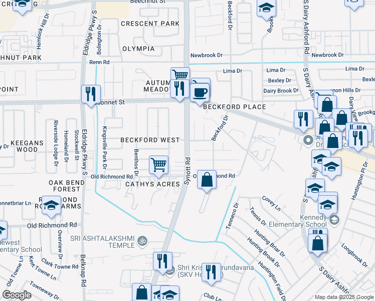 map of restaurants, bars, coffee shops, grocery stores, and more near 9402 Synott Road in Houston