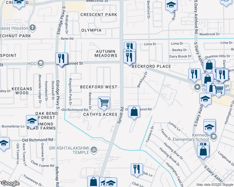map of restaurants, bars, coffee shops, grocery stores, and more near 9402 Synott Road in Houston