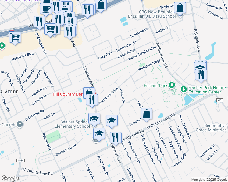 map of restaurants, bars, coffee shops, grocery stores, and more near 1026 Northpark Ridge in New Braunfels