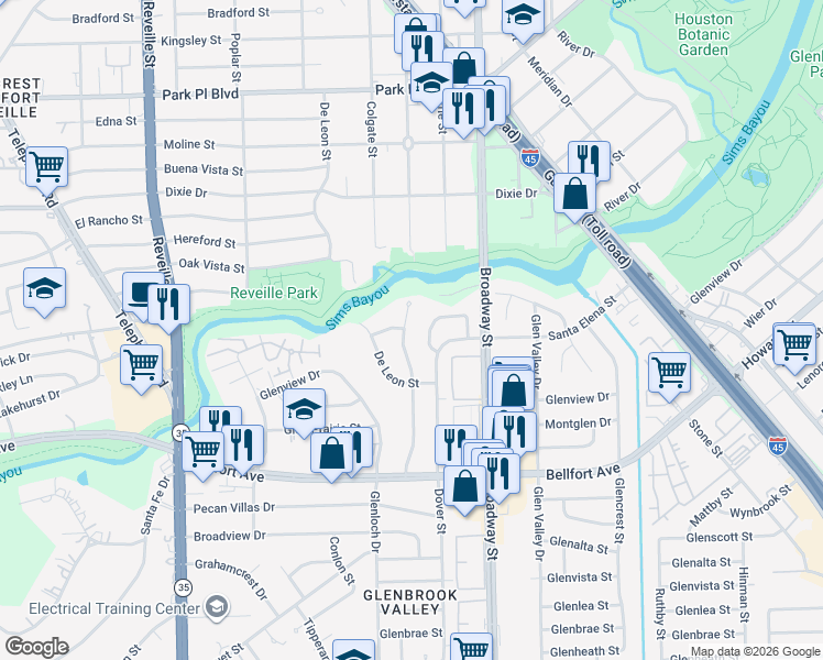 map of restaurants, bars, coffee shops, grocery stores, and more near 8015 Colgate Street in Houston