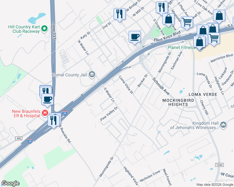 map of restaurants, bars, coffee shops, grocery stores, and more near 261 South Water Lane in New Braunfels