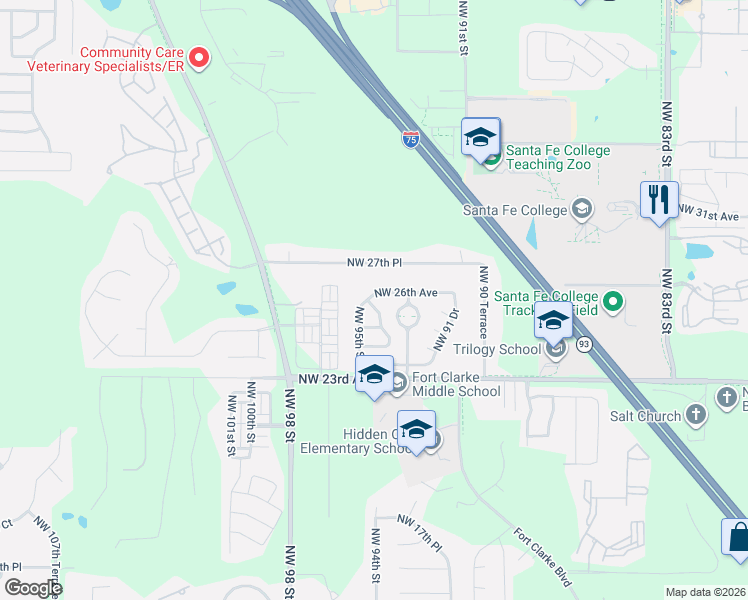 map of restaurants, bars, coffee shops, grocery stores, and more near 9447 Northwest 26 Avenue in Gainesville