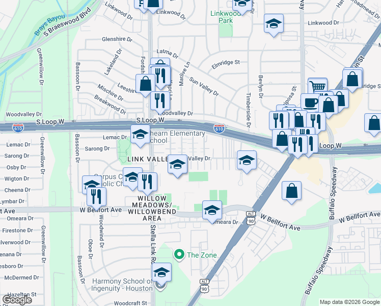 map of restaurants, bars, coffee shops, grocery stores, and more near 9713 Riddlewood Lane in Houston