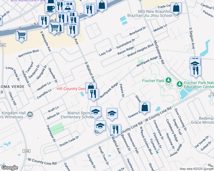 map of restaurants, bars, coffee shops, grocery stores, and more near 1026 Northpark Ridge in New Braunfels