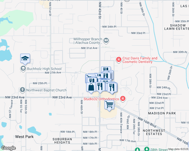 map of restaurants, bars, coffee shops, grocery stores, and more near 2622 Northwest 43rd Street in Gainesville