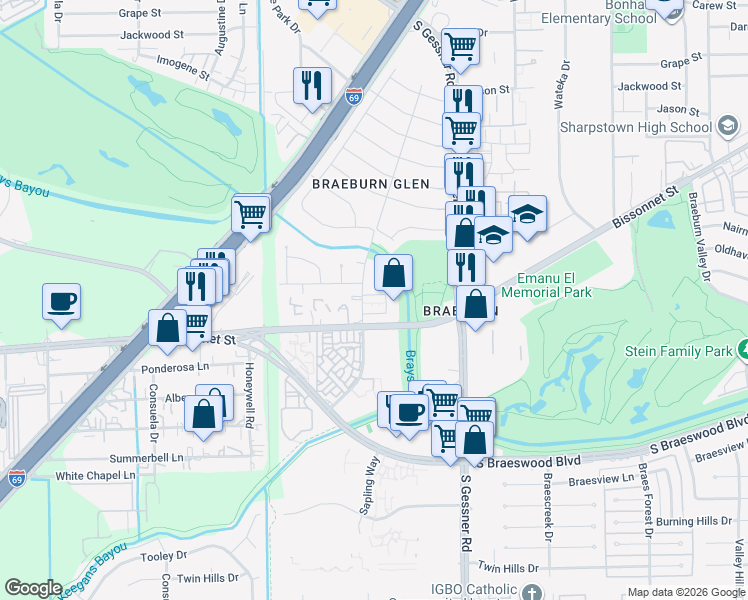 map of restaurants, bars, coffee shops, grocery stores, and more near 9513 Braeburn Glen Boulevard in Houston