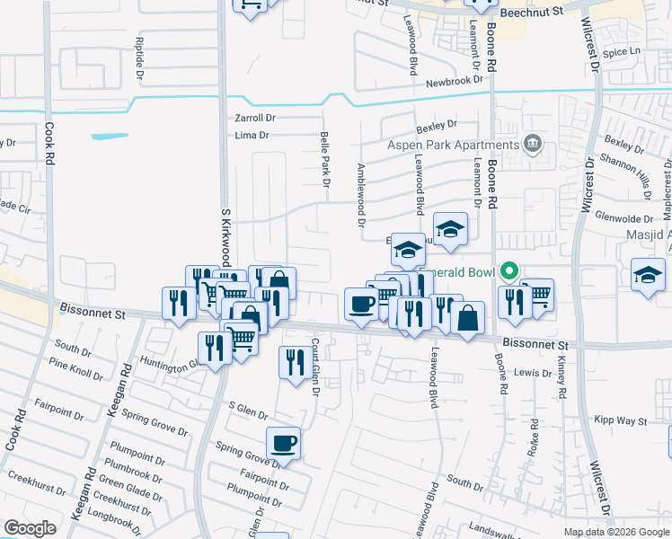 map of restaurants, bars, coffee shops, grocery stores, and more near 9307 Belle Park Drive in Houston