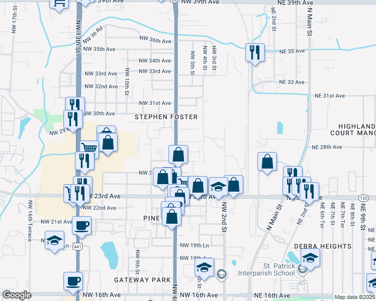 map of restaurants, bars, coffee shops, grocery stores, and more near 440 Northwest 27th Avenue in Gainesville
