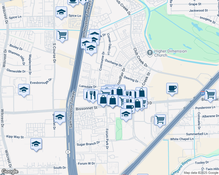 map of restaurants, bars, coffee shops, grocery stores, and more near 4252 Lansdale Drive in Houston