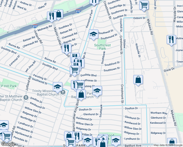 map of restaurants, bars, coffee shops, grocery stores, and more near 5811 Doolittle Boulevard in Houston