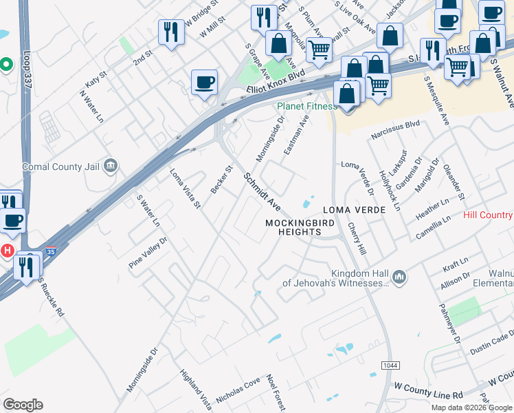 map of restaurants, bars, coffee shops, grocery stores, and more near 2722 Cinnamon Teal in New Braunfels