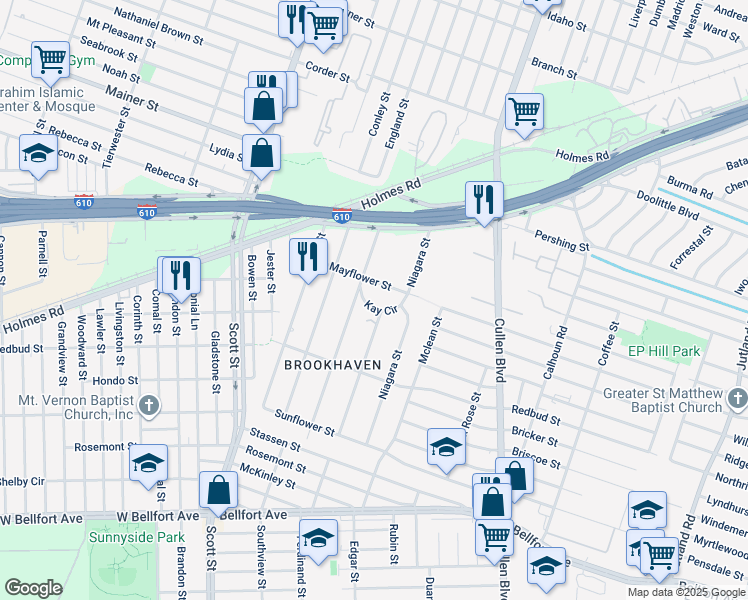 map of restaurants, bars, coffee shops, grocery stores, and more near 4321 Kay Circle in Houston