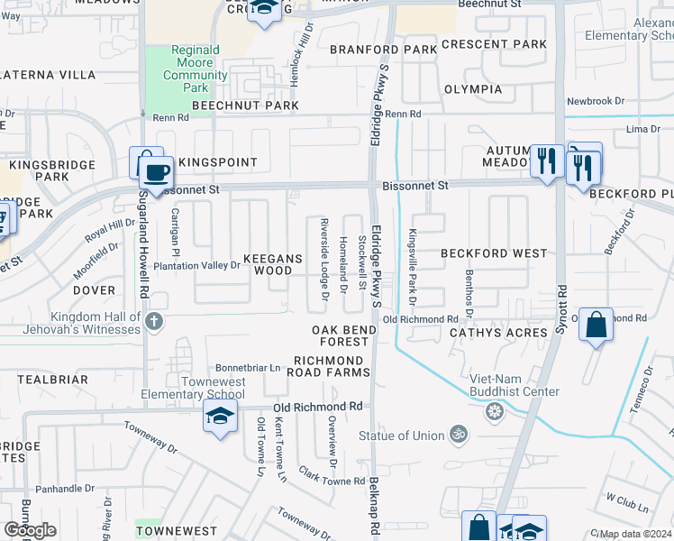map of restaurants, bars, coffee shops, grocery stores, and more near 9422 Homeland Drive in Houston