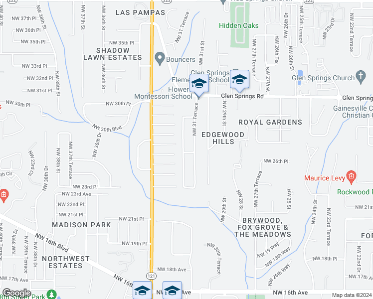 map of restaurants, bars, coffee shops, grocery stores, and more near 2717 Northwest 32nd Street in Gainesville