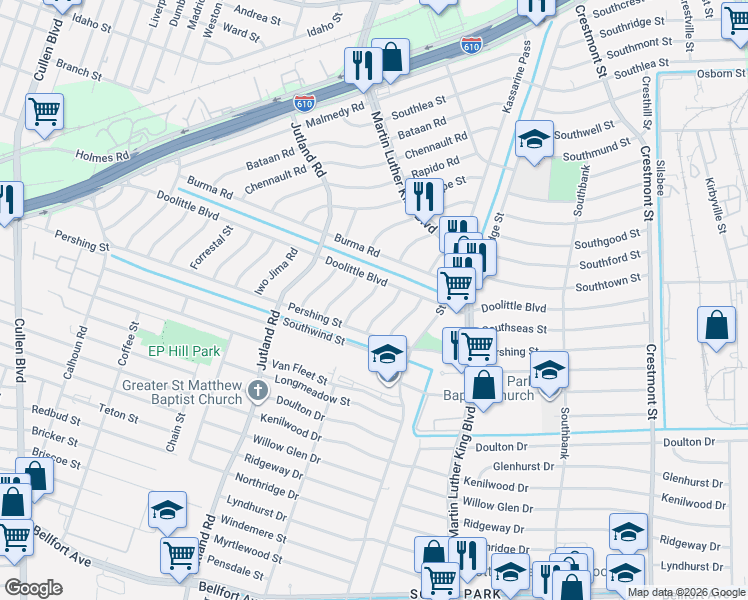 map of restaurants, bars, coffee shops, grocery stores, and more near 7314 Okinawa Road in Houston