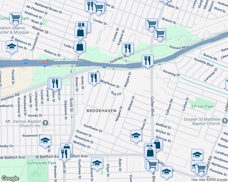 map of restaurants, bars, coffee shops, grocery stores, and more near 4321 Kay Circle in Houston