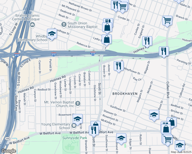 map of restaurants, bars, coffee shops, grocery stores, and more near 7825 Colonial Lane in Houston
