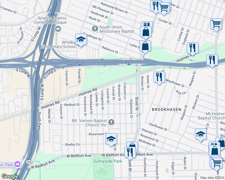 map of restaurants, bars, coffee shops, grocery stores, and more near 7824 Brandon Street in Houston