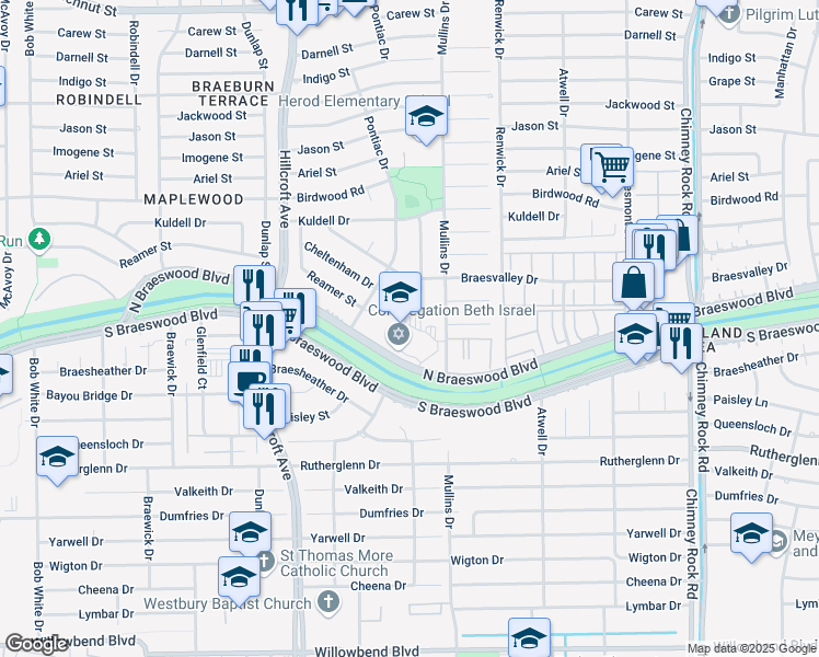 map of restaurants, bars, coffee shops, grocery stores, and more near 5600 North Braeswood Boulevard in Houston