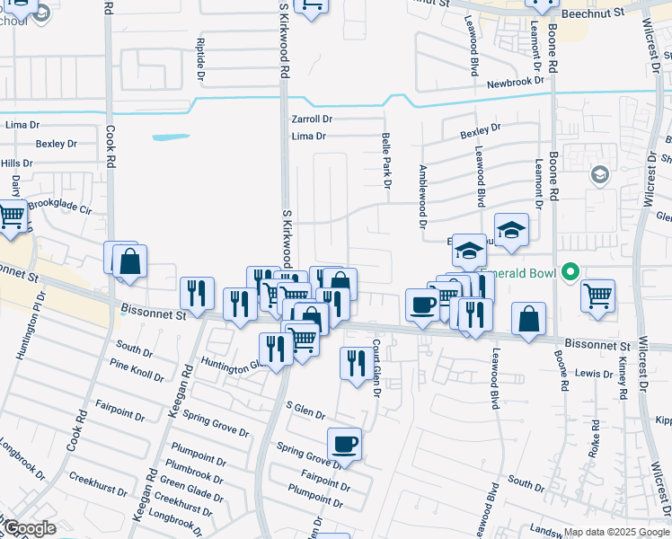 map of restaurants, bars, coffee shops, grocery stores, and more near 9300 Ketchwood Drive in Houston