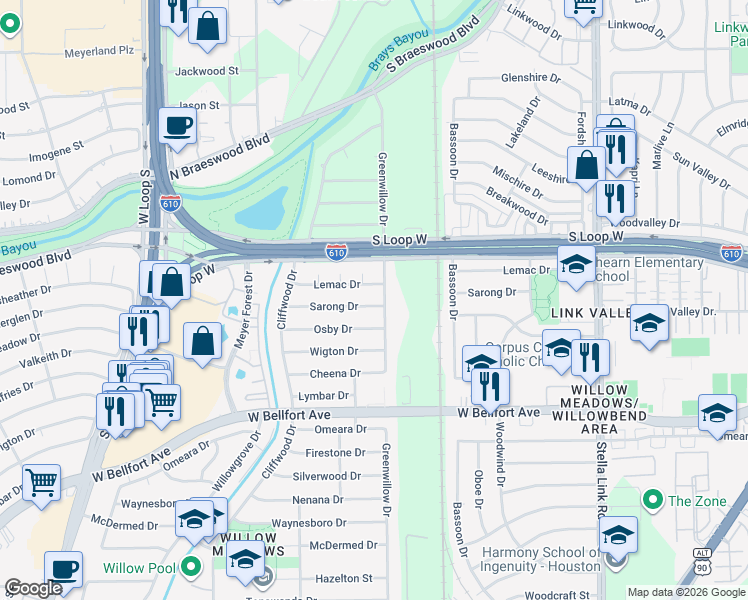 map of restaurants, bars, coffee shops, grocery stores, and more near 4306 Sarong Dr in Houston